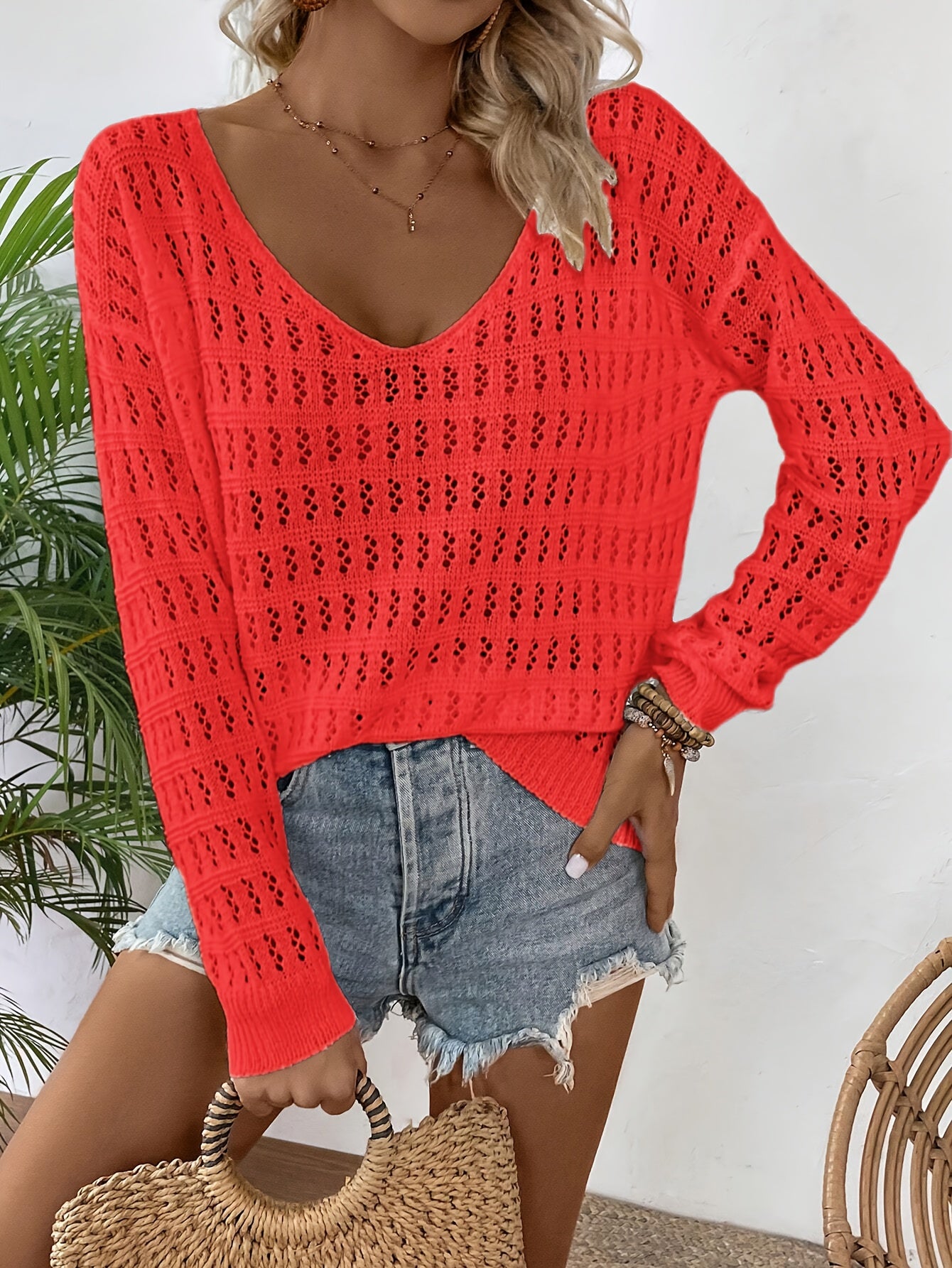 Cozy Pointelle V-Neck Knitted Sweater - Soft, Casual, Long Sleeve, Drop Shoulder, Pullover Design for Spring & Fall Seasons - Women's Comfortable Clothing for Everyday Wear