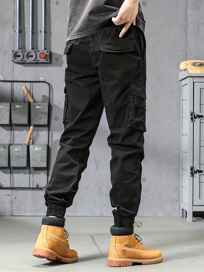 Mens Cropped Cotton Blend Cargo Pants - Elastic Waist, Multi Flap Pockets, Slight Stretch, Loose Fit, Weekend Casual, Solid Color, Hip Hop Style - Perfect for Outdoor Activities and Streetwear