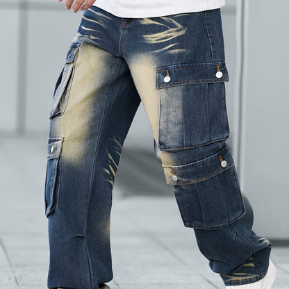 Stylish Loose Fit Wide Leg Jeans - Men's Comfy Denim Cargo Pants with Multiple Pockets for Street Style Fashion - Comfortable, Relaxed, and Fashionable Pants for Everyday Wear