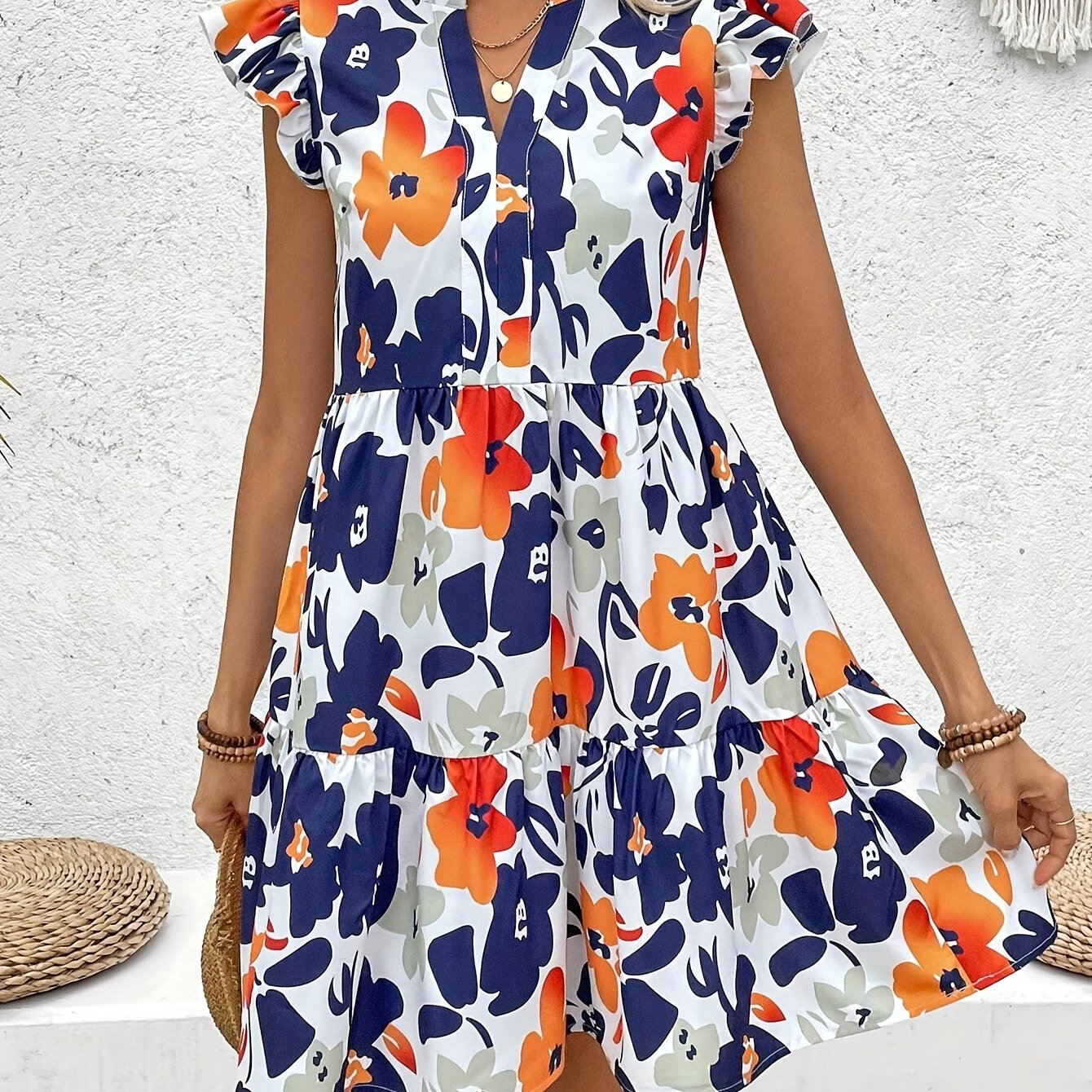 Vibrant Floral Print A-Line Dress - Notch Neck, Flutter Sleeve, Casual Chic, Spring & Summer Essential, Women's Clothing for Everyday Wear