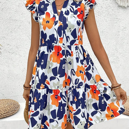 Vibrant Floral Print A-Line Dress - Notch Neck, Flutter Sleeve, Casual Chic, Spring & Summer Essential, Women's Clothing for Everyday Wear