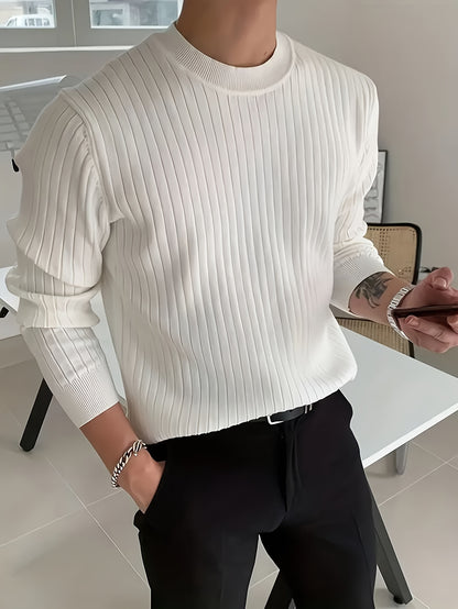 Men's Fashion Casual Crew Neck Long Sleeve Knit Sweater, Regular Fit Ribbed Pullover Tops For Spring And Fall