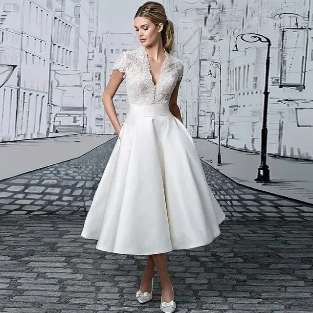 Wedding Dresses Formal Woman Elegant White Bridal Gown V-Neck Lace Appliques Button A-Line Party Evening Vestidos 240424