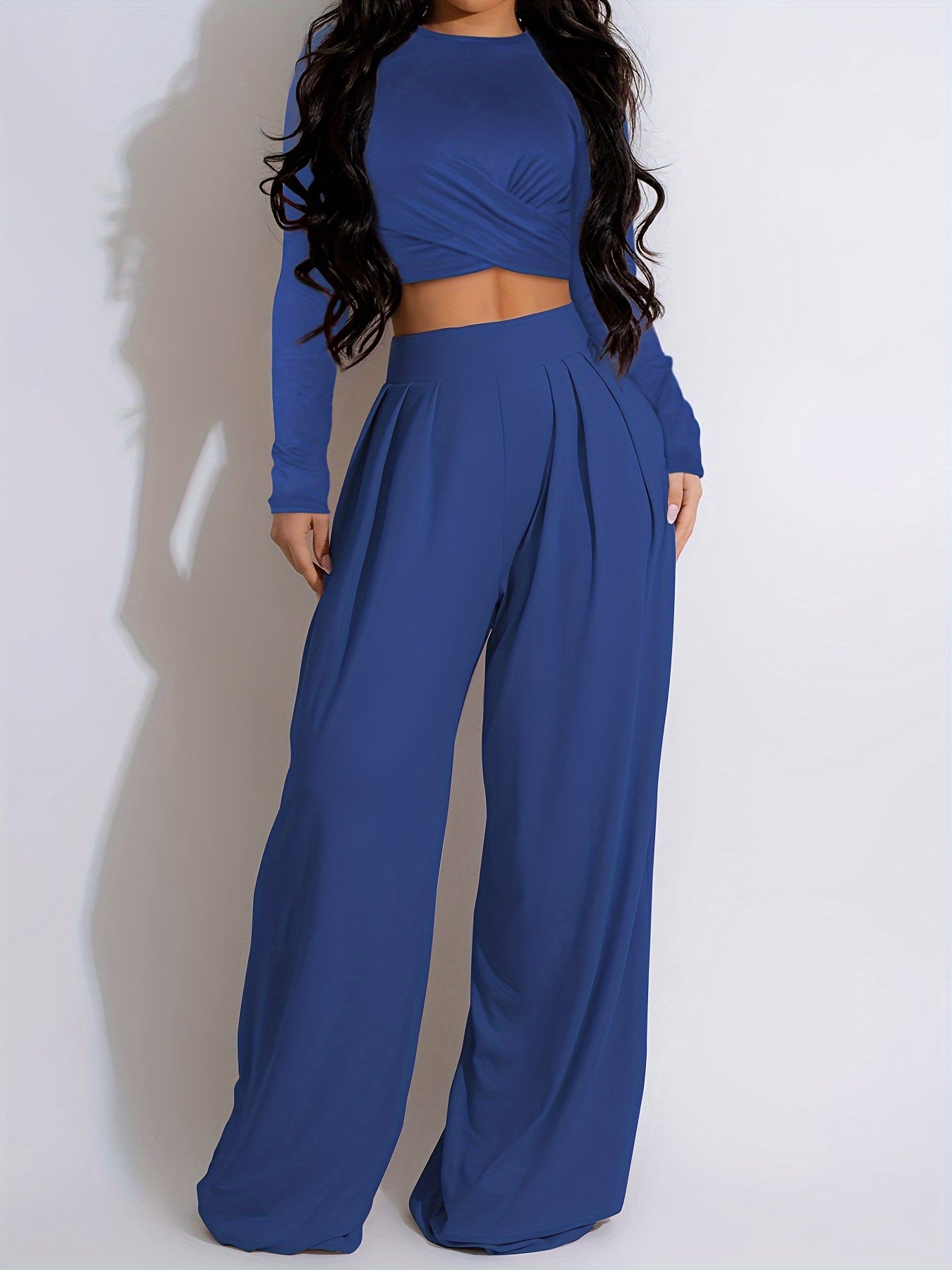 Chic Solid Twist Front Crop Top & Wide Leg Pants Set - Effortlessly Stylish Two-piece Outfit for Women - Casual Everyday Wear