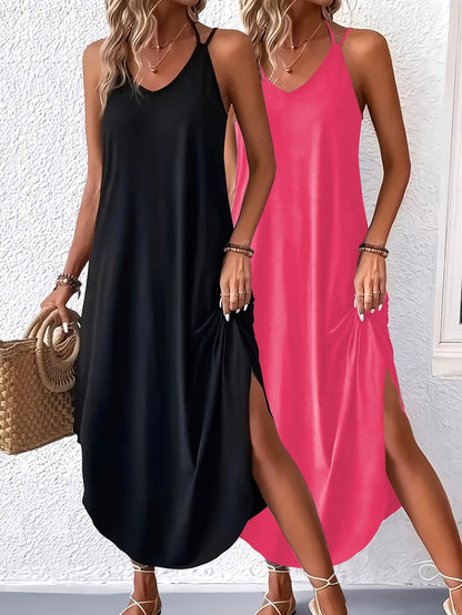 2-Pack Solid Color Maxi Cami Dress - Comfortable Crew Neck, Adjustable Spaghetti Straps, Flattering Curvy Hem - Stylish Sleeveless Casual Dress for Women - Perfect Everyday Wear Value Set