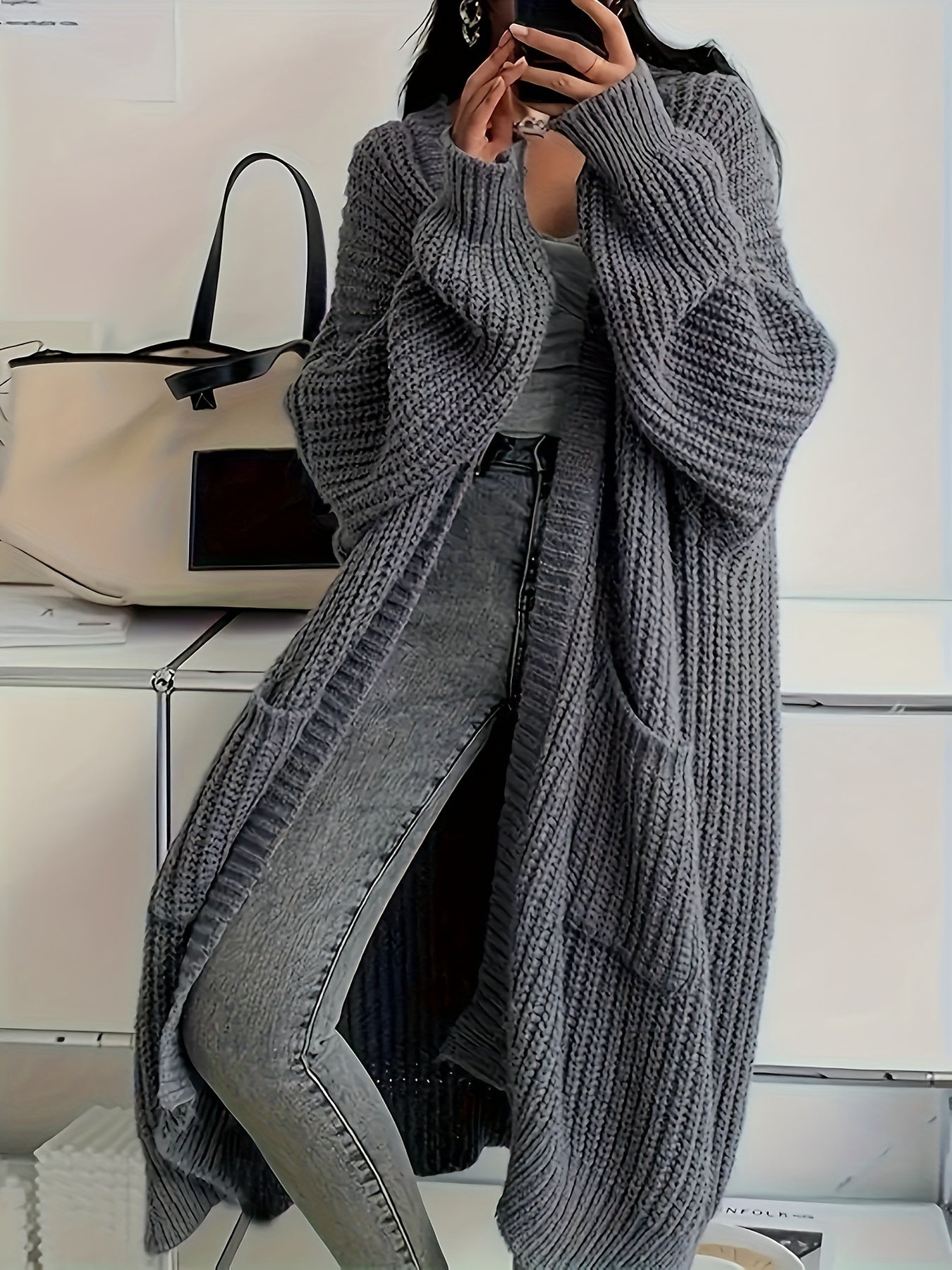 Elegant Open Front Solid Cardigan, Long Sleeve Midi Cardigan For Fall & Winter, Women's Clothing