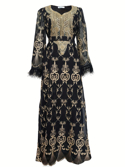 Floral Embroidered V-neck Long Sleeve Abayas Dress, Elegant Maxi Length Dress, Women's Clothing