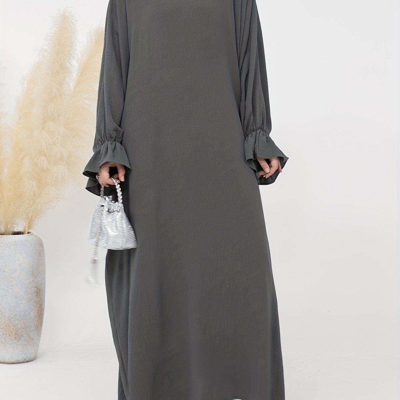 Solid Color Long Sleeve Abayas Dress, Elegant Maxi Length Loose Dress, Women's Clothing