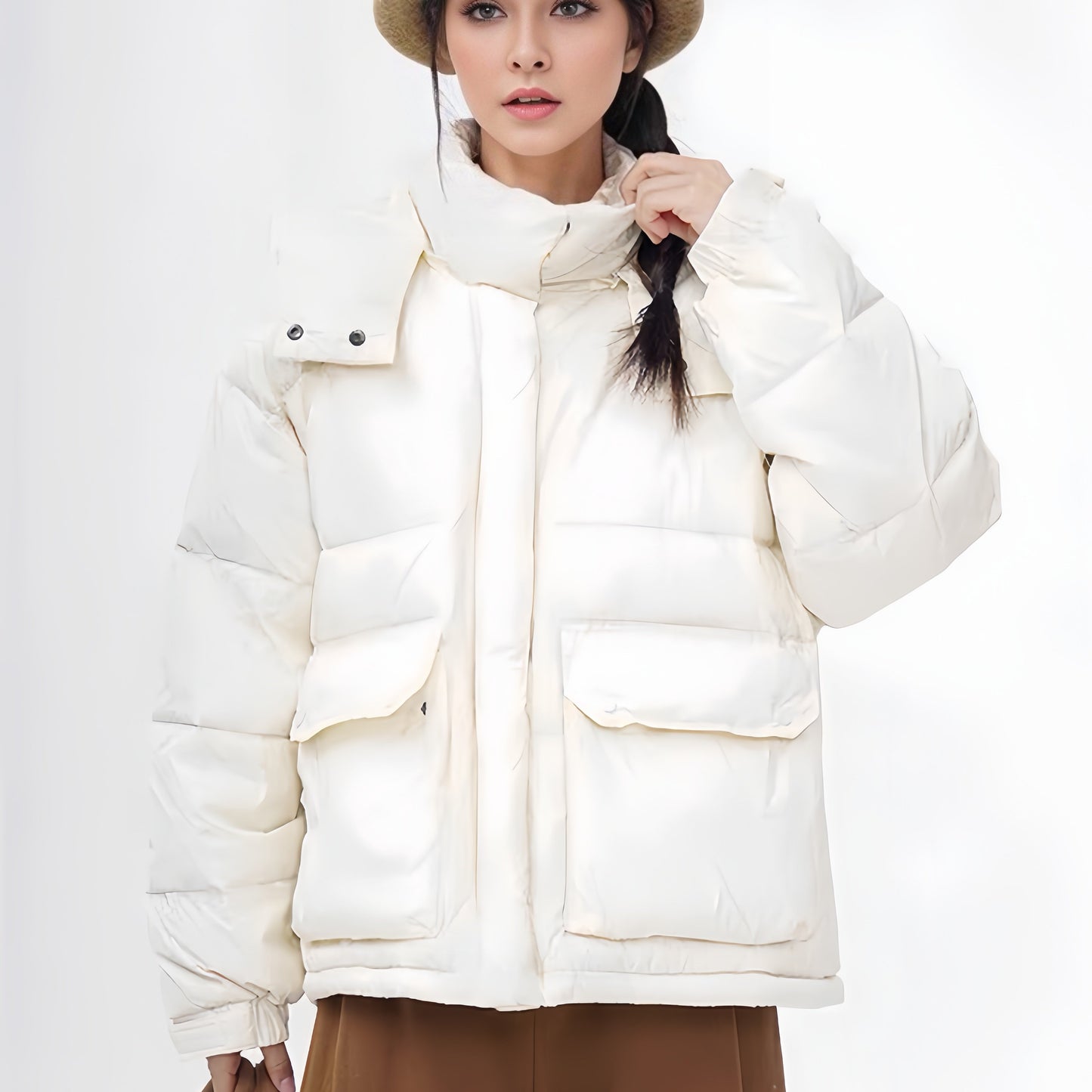 Solid Color Puffer Jacket For Women, Casual Winter Loose Lightweight Hooded Jacket, Women's Clothing