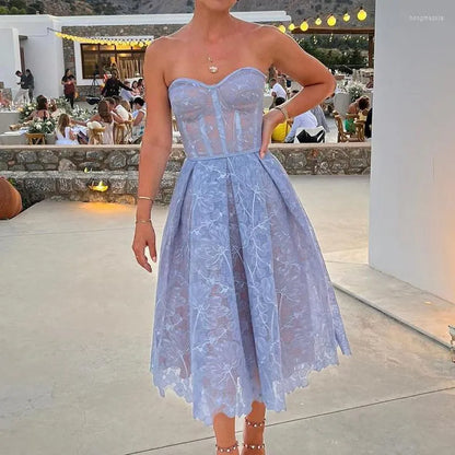 Casual Dresses  Elegant Charming Gowns Female Strapless High Waisted Embroidered Lace Tulle Pastoral Prom Dress Romantic Party Date