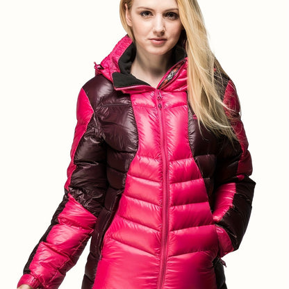 Womens Stylish Two-Tone Long Down Jacket - Insulated Warm Puffy Coat with Hood - Quilted Zipper Front Comfortable Outwear for Winter