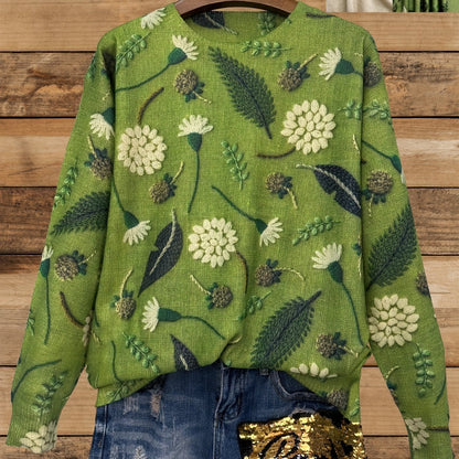 Chic Dandelion Print Thin Sweater - Soft, Breathable, Crew Neck, Long Sleeve, Casual Wear for Spring & Fall - Women's Clothing, Perfect for Outdoor Activities