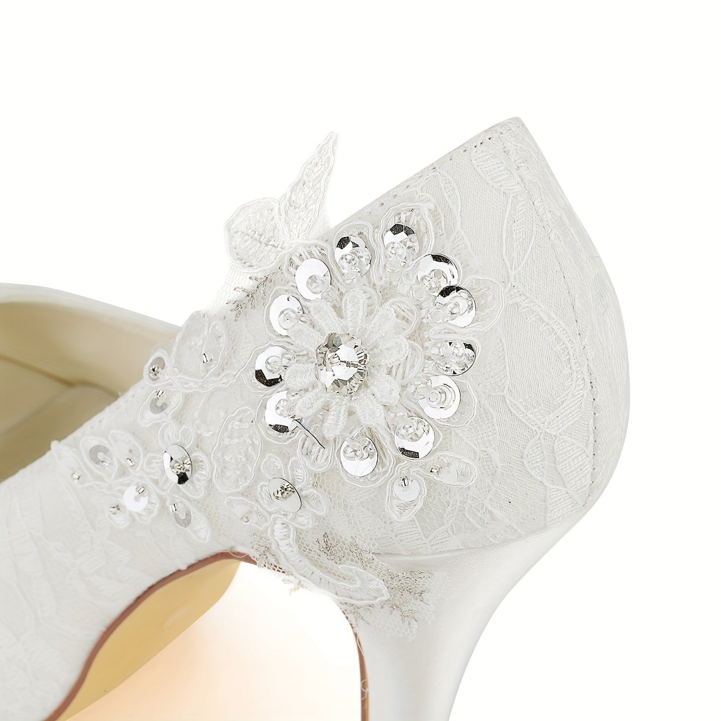 Emily Exquisite Lace Wedding Pumps - High Heel Stiletto Shoes with Rhinestone Floral Decor, Peep Toe Design, Faux Leather Insole, Rubber Sole, and Sequin Embellishments - Perfect for Bridal and Formal Occasions