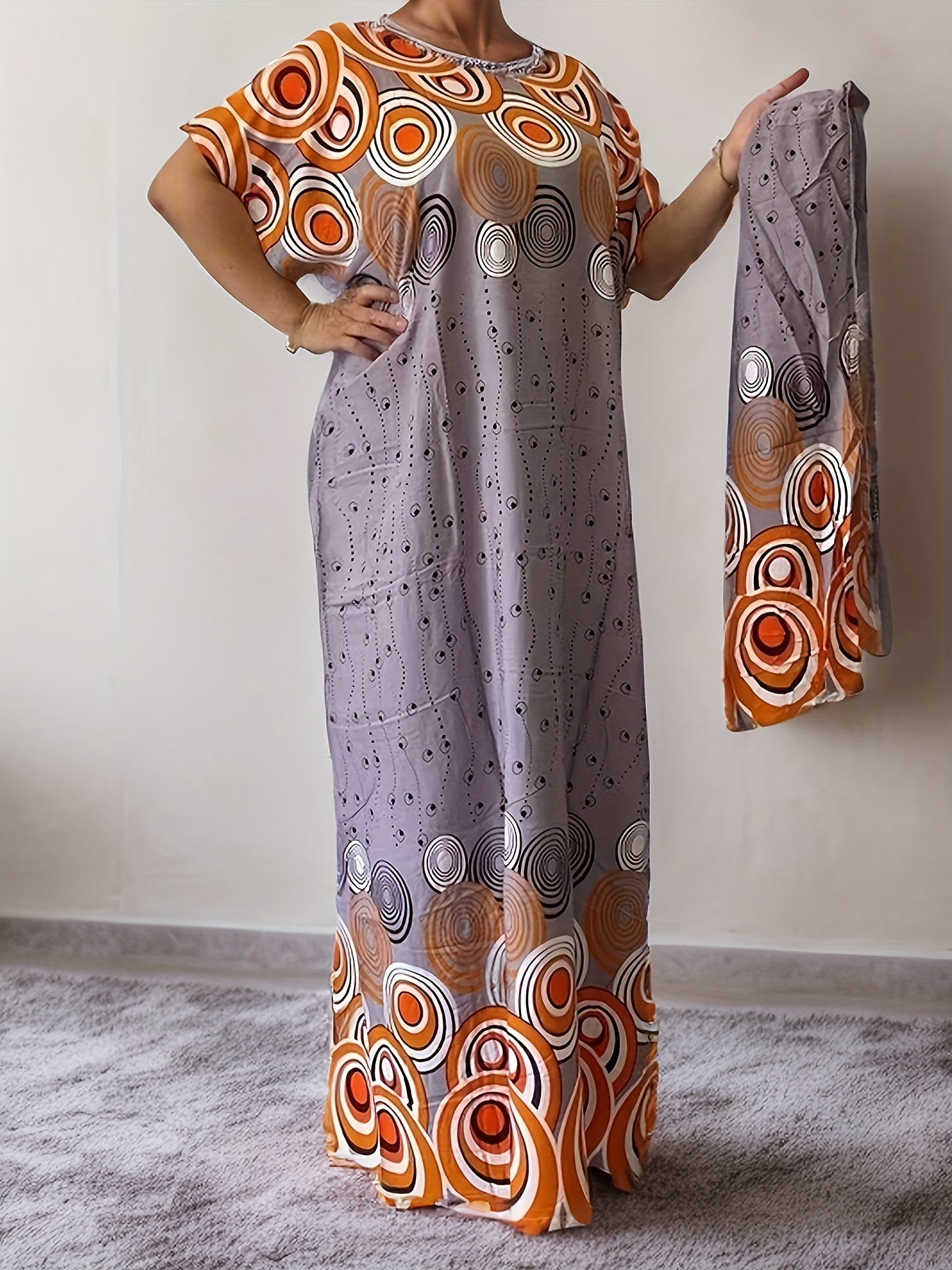 Long Floral Vintage Tunic Maxi Dress - Crew Neck, Batwing Sleeve, Machine Washable, Woven Acetate Fabric, All-Season, Elegant Cover-Up for Women - Middle East Inspired, No Elasticity, No Dry Clean