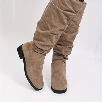 Women's Slouch Knee High Boots, Comfortable Square Toe Pull On Long Boots, All-Match Suedette Boots