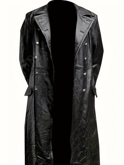 Mens Premium PU Leather Trench Coat - Stylish & Durable, Double Breasted Long Overcoat for Casual Winter Fashion