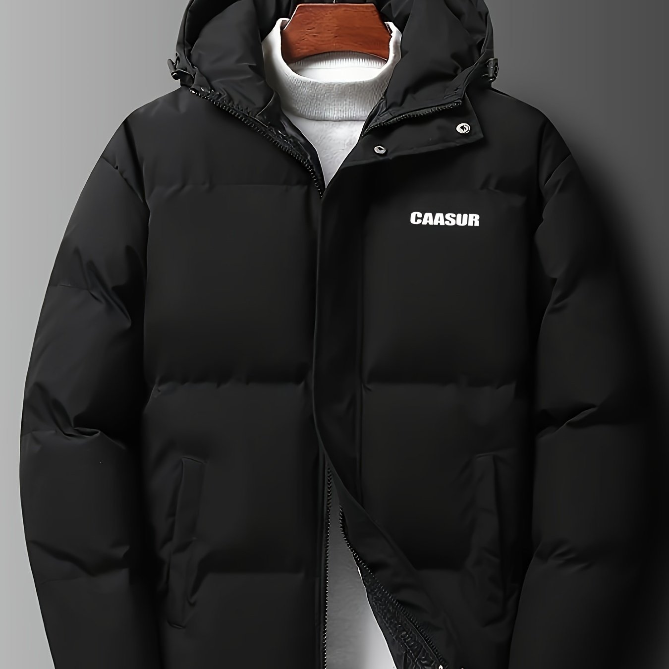 CAASUR Long Sleeve Down Jacket - Stylish Hooded Design with Unique Alphabet Print, Zipper Closure, Soft Fleece Lining, and Spacious Dual Front Pockets - Fashionable and On-Trend for Autumn and Winter Outdoor Activities and Casual Wear