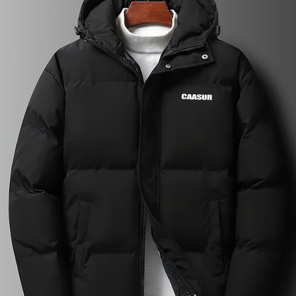 CAASUR Long Sleeve Down Jacket - Stylish Hooded Design with Unique Alphabet Print, Zipper Closure, Soft Fleece Lining, and Spacious Dual Front Pockets - Fashionable and On-Trend for Autumn and Winter Outdoor Activities and Casual Wear