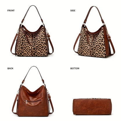 3-Piece Large Capacity Vintage Leopard Tote Bag - Adjustable Shoulder Strap, Zip Closure, Durable PU Leather Material, Lacquered Edges, Portable Handle, Stylish Animal Print Design for Everyday Use and Travel