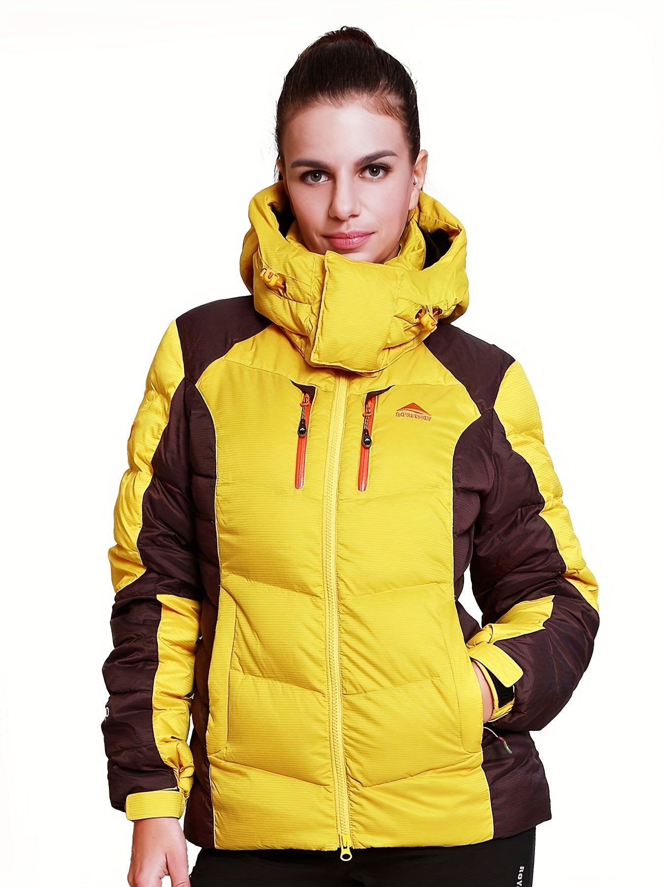 Women's Color Block Winter Thermal Down Jacket, Windproof & Waterproof Liner Comfortable Hooded Jacket