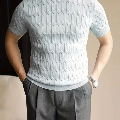 Men's Striped Knitted Pullover, Casual Short Sleeve Slim-fit Crew Neck Sweater For Outdoor