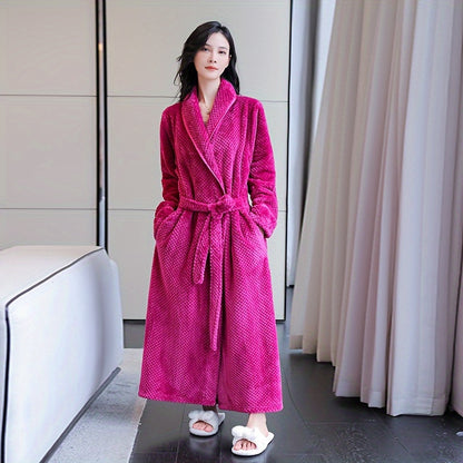 1pc Plush Women's Flannel Bathrobe - Soft, Thick, and Long Sleeve Loungewear for Autumn and Winter - Cozy Bathroom Supplies for Home Relaxation