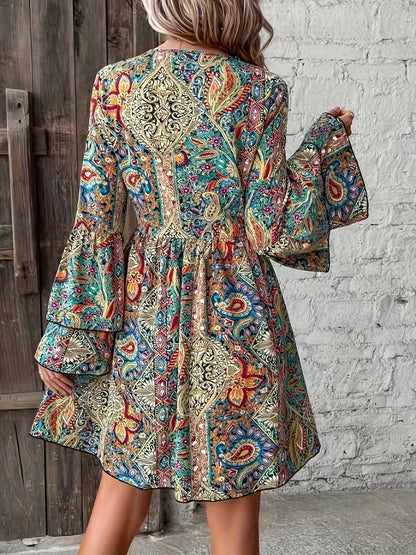 Stunning Paisley Print V-Neck A-Line Dress - Elegant Layered Sleeve, Flowy, Comfortable, Vacation-Ready - Women's Clothing for Elegant Occasions