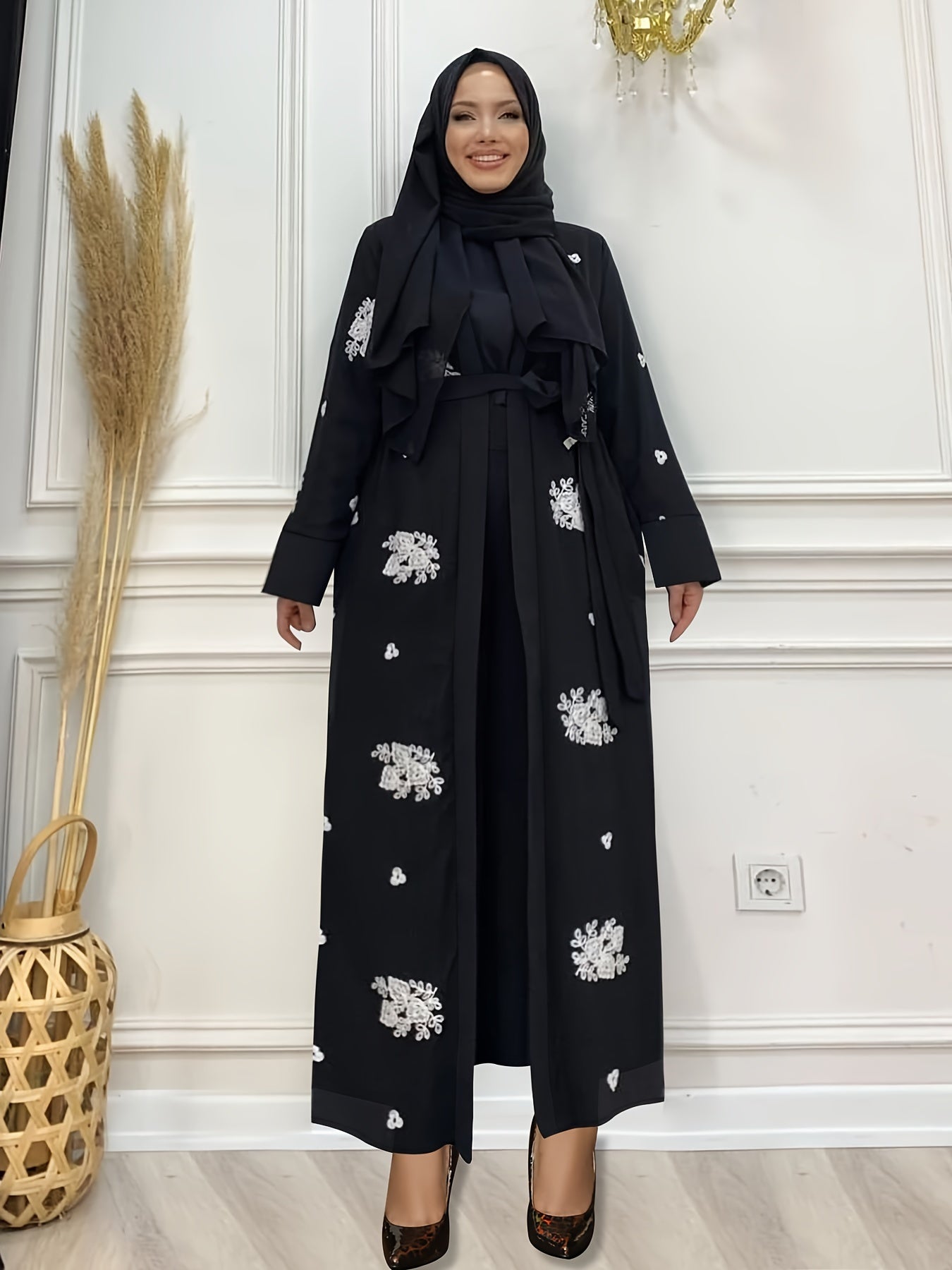 Ramadan Floral Charm - Crew Neck Long Sleeve Kaftan Abaya Dress with Belted Waist - A Stylish Casual Choice for Women, Hijab-Free