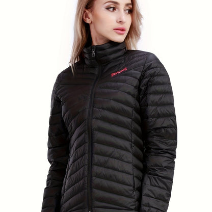 Womens Stylish Letter Embroidered Winter Jacket - Warm Thermal Insulation, Elastic Cuffs, Full Zip, Packable Down Coat for Ultimate Comfort and Convenience