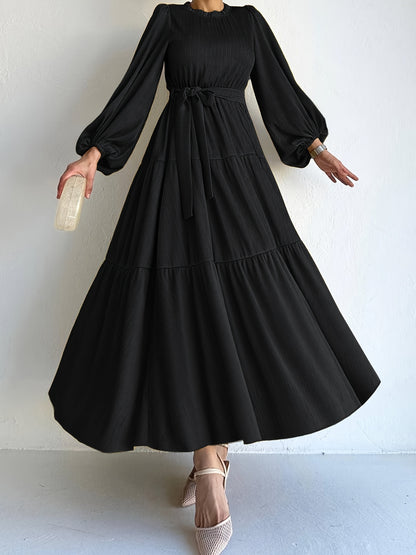 Elegant Ramadan Kaftan Dress for Women – Versatile Crew Neck, Lantern Sleeves with Belt, Casual Yet Stylish Polyester Abaya for All Seasons