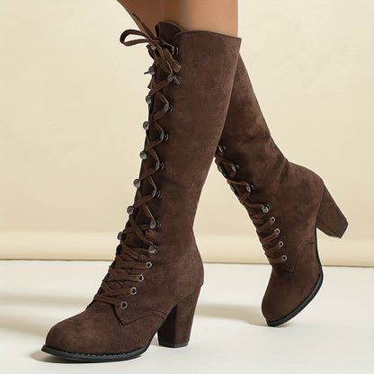 Women's Heeled Knee High Boots, Solid Color Lace Up Chunky Heeled Boots, Versatile Comfy Long Boots