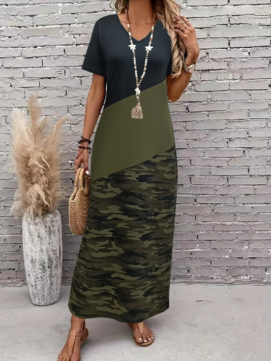 Camouflage Print Colorblock Loose Dress - Flattering V Neckline, Comfortable Short Sleeves, Relaxed Fit, Effortless Casual Style, Eye-Catching Design, Unique Print - Perfect for Spring and Summer, Womens Clothing