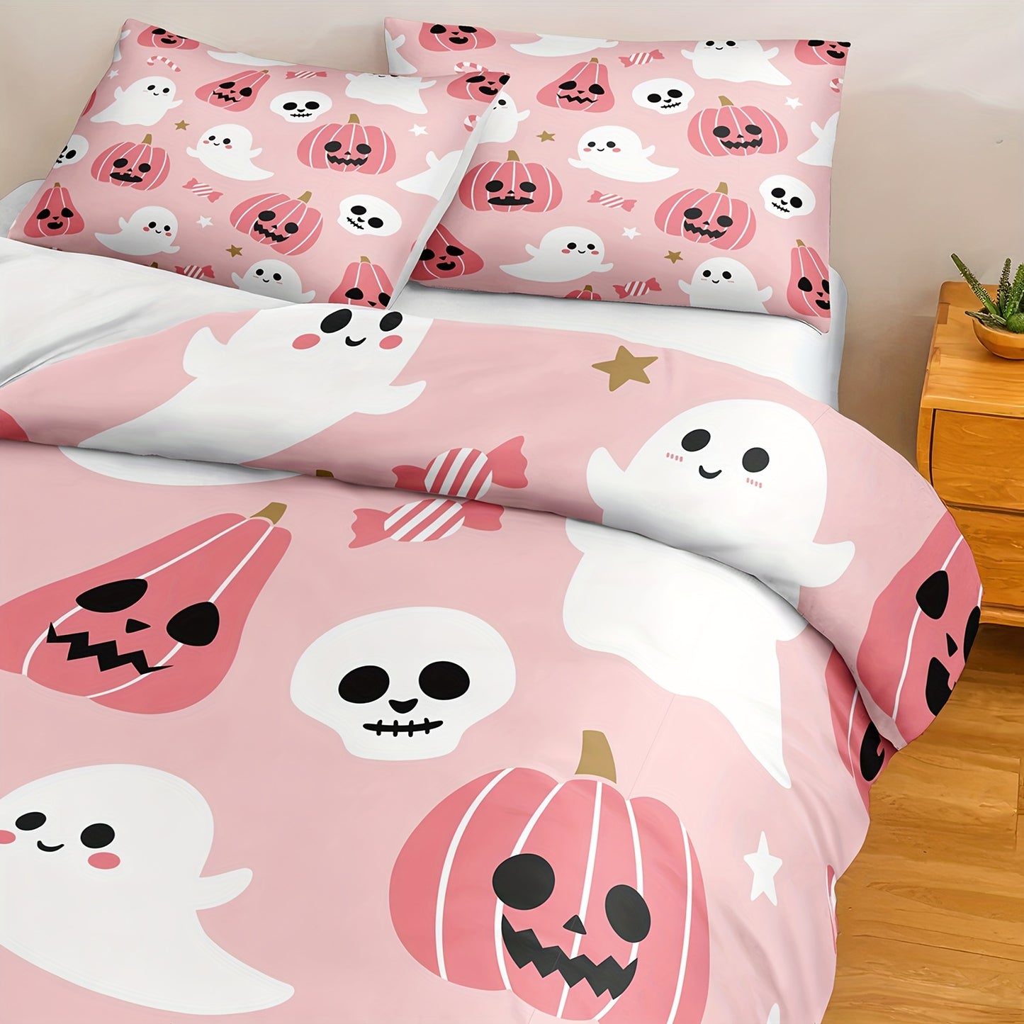 Halloween & Ghost Themed Duvet Cover Set, 3 Piece - 100% Polyester Lightweight Sanded Fabric, All-Season Digital Printed Bedding with Zipper Closure - Includes 1 Duvet Cover and 2 Pillowcases, Machine Washable, No Duvet Insert