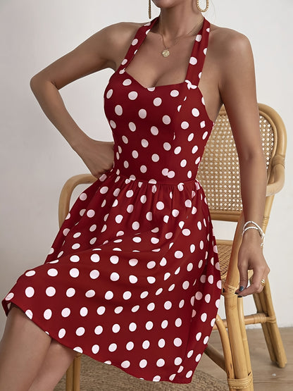 Vibrant Polka Dot Halter Neck A-line Dress - Backless, Elegant, Spring & Summer Essential - Women's Clothing for Chic Ladies