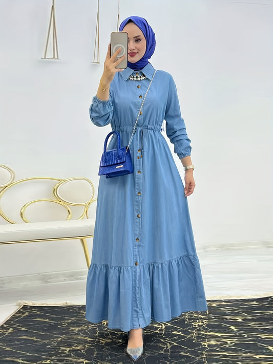 Ramadan Solid Button Front Kaftan, Casual Long Sleeve Ruffle Hem Dress Without Hijab, Women's Clothing