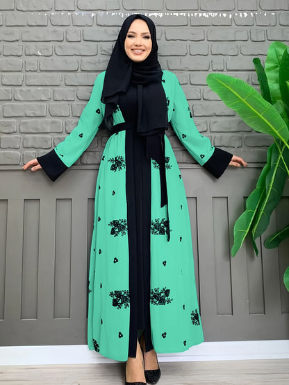 Ramadan Floral Charm - Crew Neck Long Sleeve Kaftan Abaya Dress with Belted Waist - A Stylish Casual Choice for Women, Hijab-Free