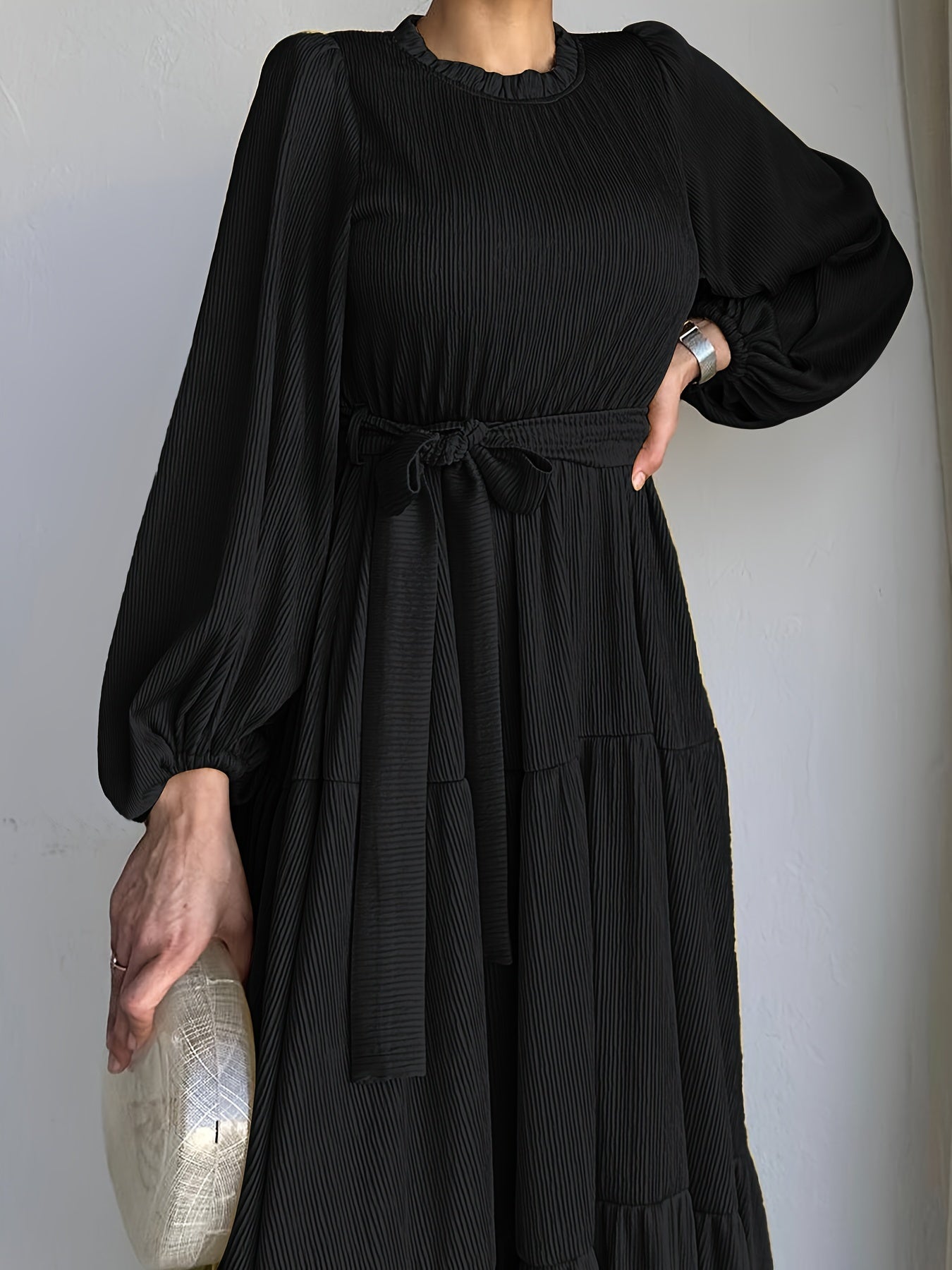 Elegant Ramadan Kaftan Dress for Women – Versatile Crew Neck, Lantern Sleeves with Belt, Casual Yet Stylish Polyester Abaya for All Seasons