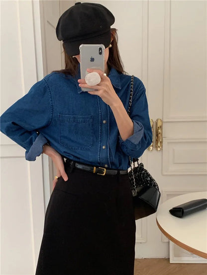 -Casual Outfits Women Blouse Female Shirt Summer Womens Blouses Spring Maxi Blusas Casual Cowboy Vintage Long Sleeve Denim Oversize Loose Blue