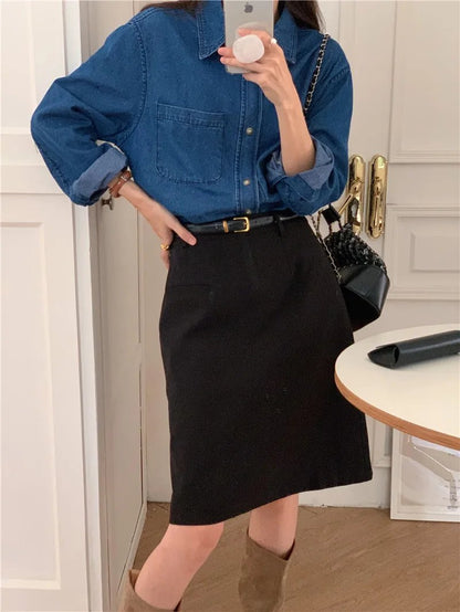 -Casual Outfits Women Blouse Female Shirt Summer Womens Blouses Spring Maxi Blusas Casual Cowboy Vintage Long Sleeve Denim Oversize Loose Blue