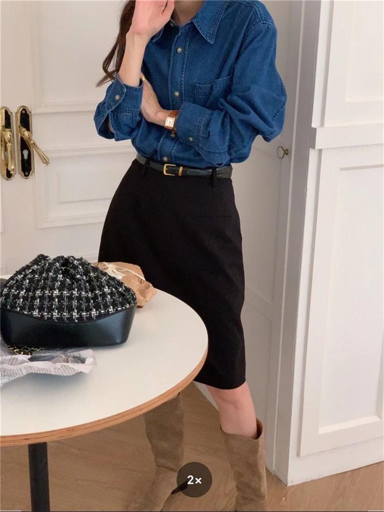 -Casual Outfits Women Blouse Female Shirt Summer Womens Blouses Spring Maxi Blusas Casual Cowboy Vintage Long Sleeve Denim Oversize Loose Blue