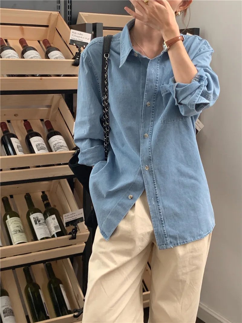 -Casual Outfits Women Blouse Female Shirt Summer Womens Blouses Spring Maxi Blusas Casual Cowboy Vintage Long Sleeve Denim Oversize Loose Blue