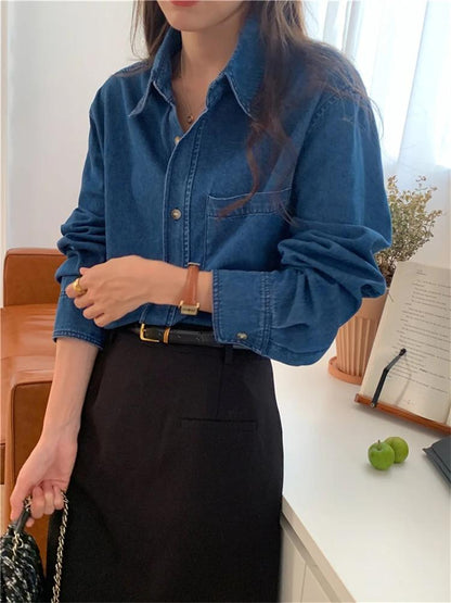 -Casual Outfits Women Blouse Female Shirt Summer Womens Blouses Spring Maxi Blusas Casual Cowboy Vintage Long Sleeve Denim Oversize Loose Blue