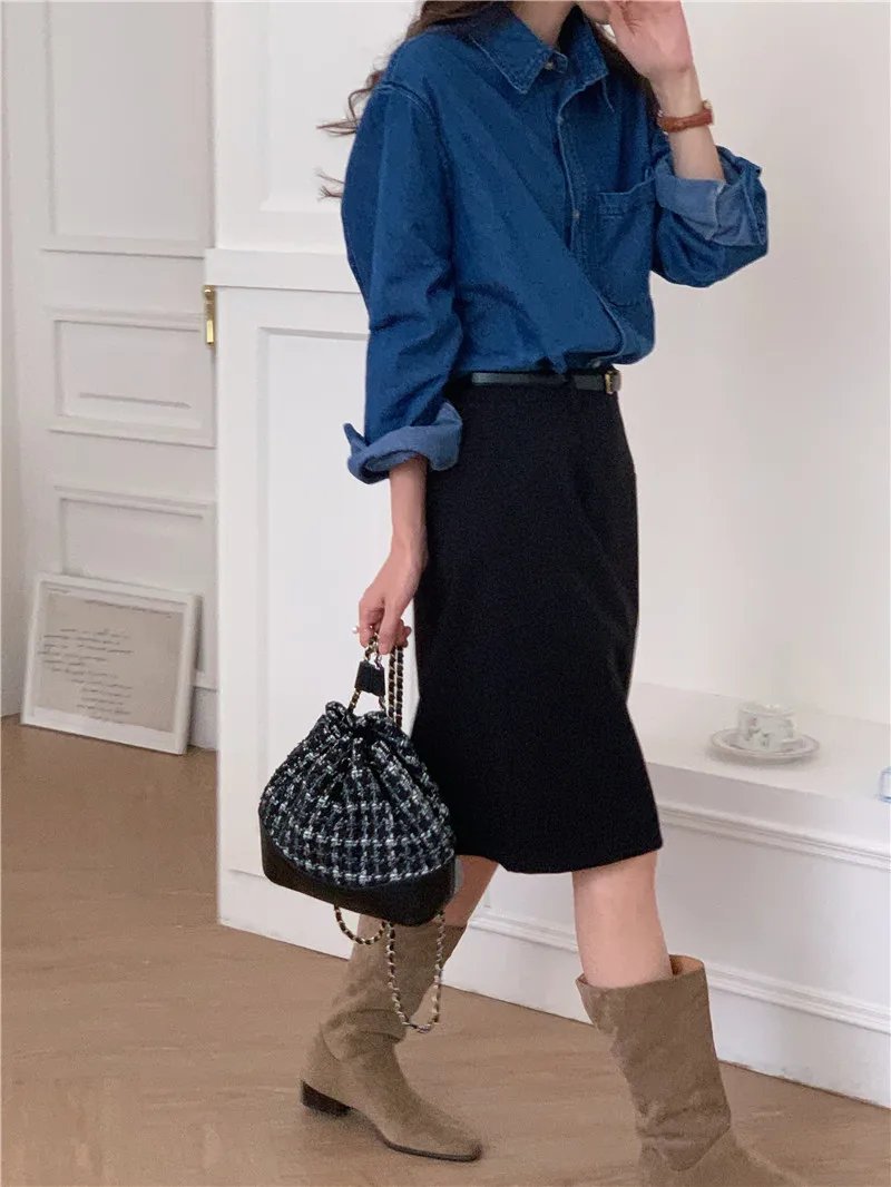 -Casual Outfits Women Blouse Female Shirt Summer Womens Blouses Spring Maxi Blusas Casual Cowboy Vintage Long Sleeve Denim Oversize Loose Blue