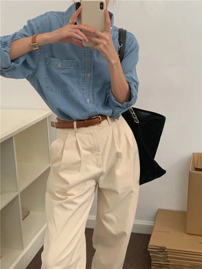 -Casual Outfits Women Blouse Female Shirt Summer Womens Blouses Spring Maxi Blusas Casual Cowboy Vintage Long Sleeve Denim Oversize Loose Blue