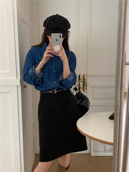 -Casual Outfits Women Blouse Female Shirt Summer Womens Blouses Spring Maxi Blusas Casual Cowboy Vintage Long Sleeve Denim Oversize Loose Blue