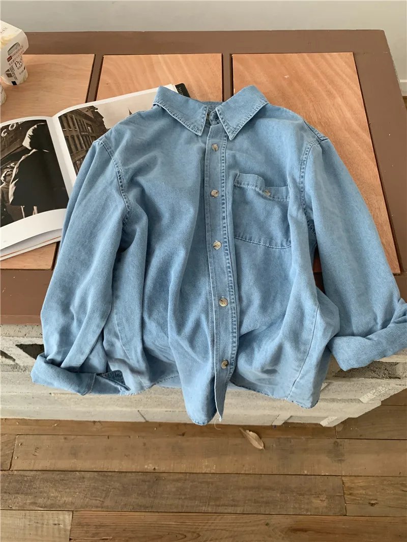 -Casual Outfits Women Blouse Female Shirt Summer Womens Blouses Spring Maxi Blusas Casual Cowboy Vintage Long Sleeve Denim Oversize Loose Blue