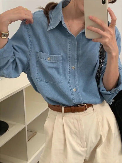 -Casual Outfits Women Blouse Female Shirt Summer Womens Blouses Spring Maxi Blusas Casual Cowboy Vintage Long Sleeve Denim Oversize Loose Blue