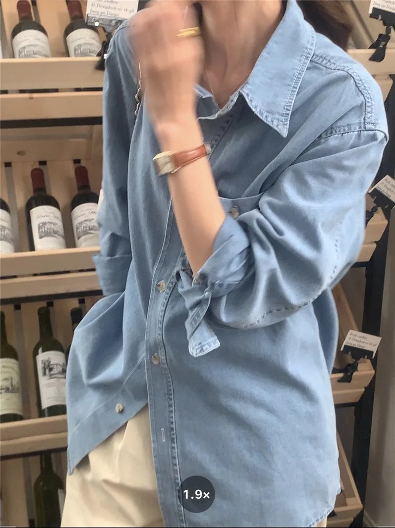 -Casual Outfits Women Blouse Female Shirt Summer Womens Blouses Spring Maxi Blusas Casual Cowboy Vintage Long Sleeve Denim Oversize Loose Blue