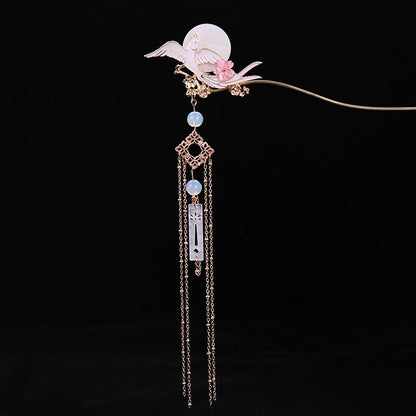   Chinese Long Moon Hair Stick Hanfu tiara Women Hair Accessories Golden Flying Bird Pearl Headpiece Hairpins Women Hair Jewelry