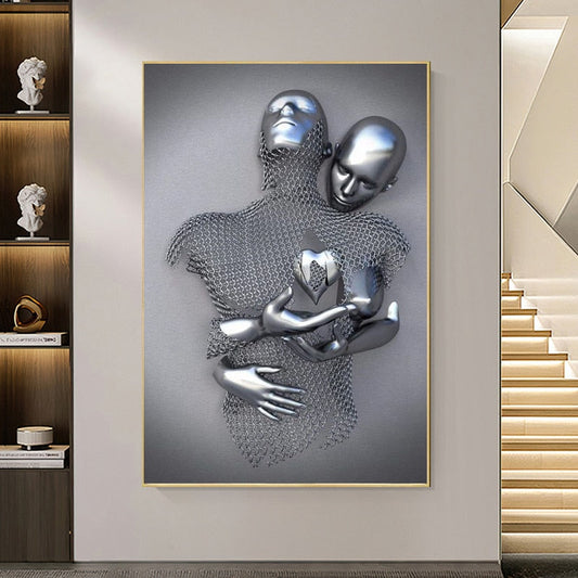 Nordic Couples Metal Figure Statue Wall Art Canvas Painting Lover Sculpture Poster Print Wall Picture for Living Room Home Decor